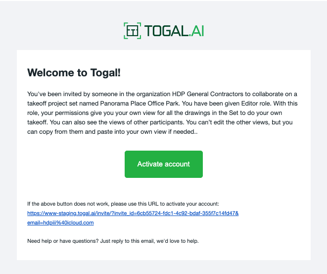 external user invitation welcome to togal